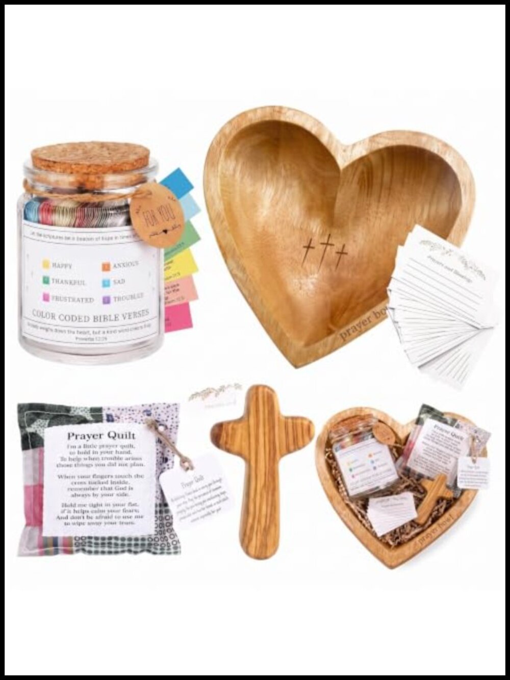 5 Pc Prayer Gift Set for Women Heart Bowl Jar Quilt Olive Wood Cross Christian